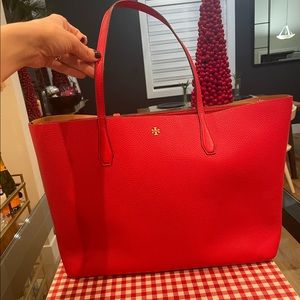 Tory Burch Blake Tote Brilliant Red Cardamon Pebbled leather Tote and Handbag